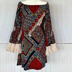 Vintage 60’s, 70’s Paisley Mini Dress Bell Sleeves with Crocheted Trim Sz M